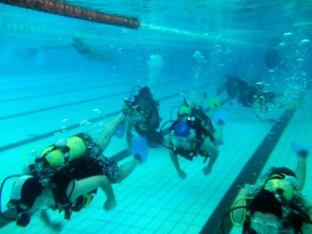  Testing the bottles in the pool 